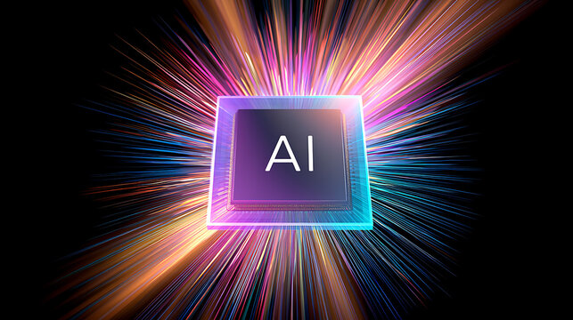 Artificial Intelligence Microchip with Bursting Light Trails Representing Fast Processing and Data Flow in Technology