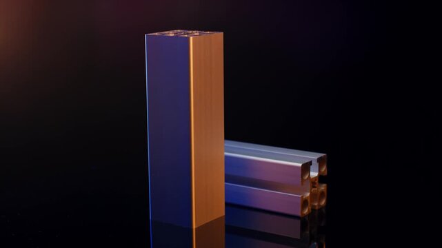 Two aluminium square tube profiles on a dark glossy surface