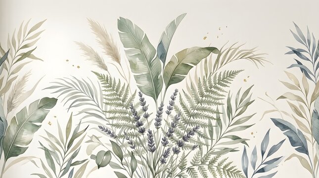 Watercolor tropical leaves wallpaper border, botanical foliage mural with palm fronds and pampas grass, elegant floral wall art background.