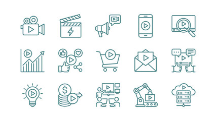 Fototapeta premium Video Marketing and Digital Content Production Icon Set for Business Social Media Strategy and SEO