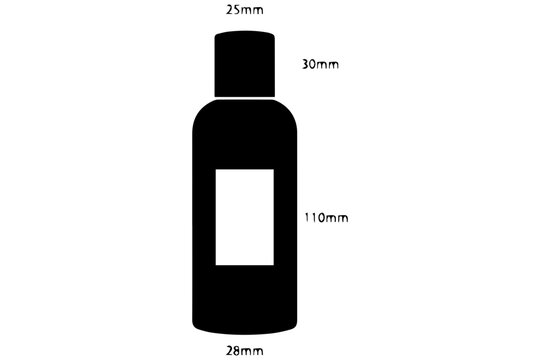 Small black cosmetic bottle with white label and dimensions for product packaging mockup.