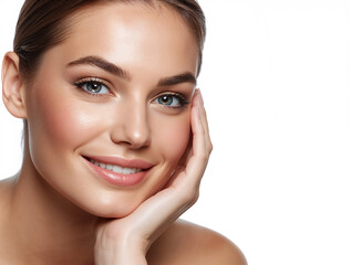 Obraz premium Beautiful Woman with Healthy Glowing Skin, Natural Makeup and Fresh Smile in Close-Up Beauty Skincare Spa Portrait, Beautiful caucasian woman smiling with white teeth for oral care concept