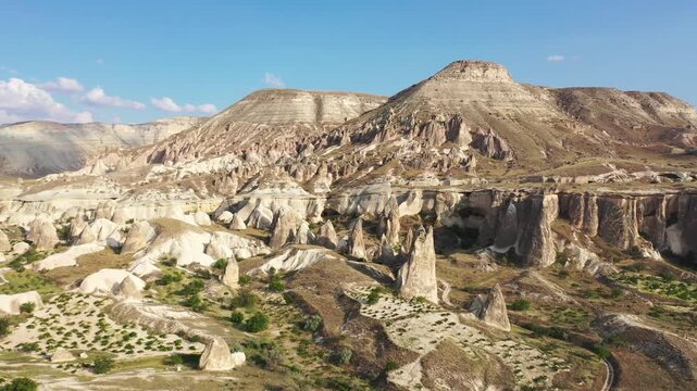 Panoramic aerial drone view of white rock formations, conical fairy chimneys, and flat-topped tuff mountains in Rose Valley, Cappadocia, Nevsehir, Turkey under a clear blue sky.