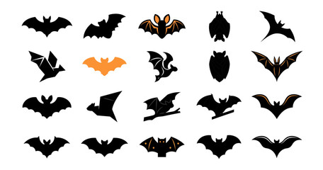 Fototapeta premium Set of various halloween bat icons and silhouettes for spooky holiday design projects and festive party decorations