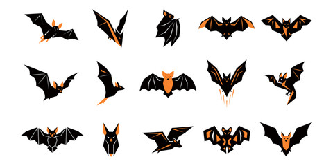 Fototapeta premium A collection of stylized graphic icons featuring a halloween bat in various flying and hanging poses for holiday design