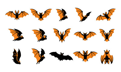 Fototapeta premium A collection of various spooky halloween bat silhouettes in different flying poses isolated on a white background