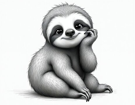 Cute sloth sits with hand on chin in pencil sketch style. Adorable baby animal happy expression on face. Monochrome ink drawing features furry creature with big eyes. Minimalist illustration shows