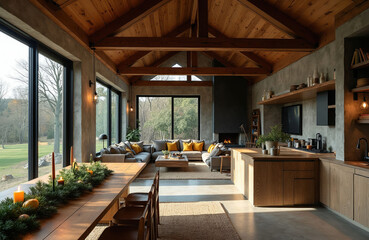 Fototapeta premium Modern open plan rustic house interior with wooden ceiling beams, large windows. Cozy living room grey sofa, kitchen area with island. Countryside villa offers beautiful natural light for vacation.