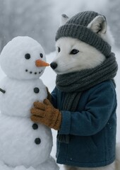 Naklejka premium Fox builds snowman in winter.