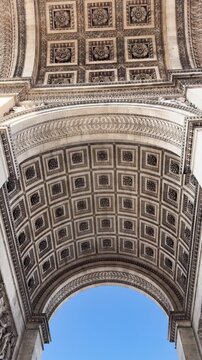 Ornate interior vault and arch of Arc de Triomphe monument, Paris, France