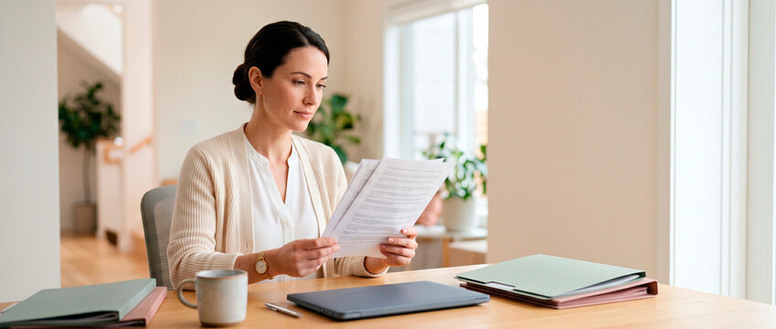 Woman reviewing documents at home office desk with laptop and folders. Remote work, household administration, paperwork management, and personal finance organization concept with copy space.