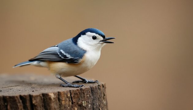 White breasted nuthatch perches on wooden tree stump in forest. Small songbird with grey feathers, black head sits outdoors. Wildlife animal looks for food during bright day. Passerine bird profile