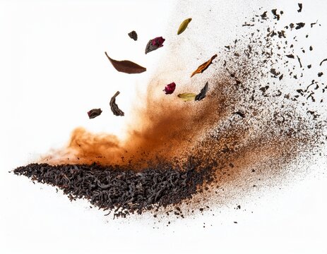 black dried leave tea explode small fine size tea leaf flying explosion abstract cloud fly brown colored teas splash throwing in air white background isolated high speed shutter throwing freeze