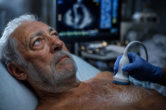 Elderly senior man undergoing heart echocardiogram ultrasound procedure in hospital clinic setting with medical professional diagnostic monitoring