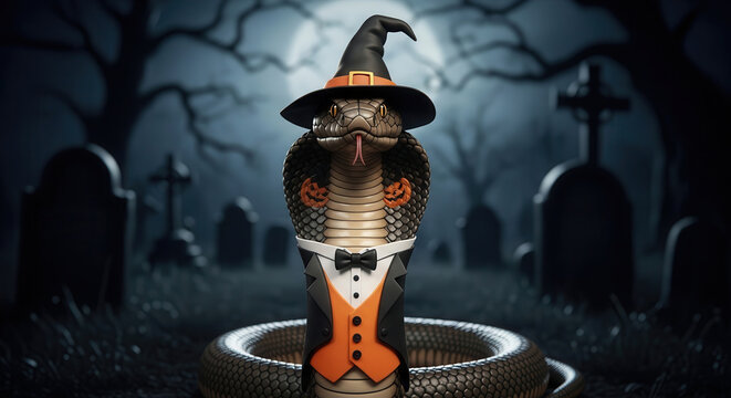 King Cobra Naja naja dressed as a gentleman in a witch hat at a spooky cemetery for Halloween