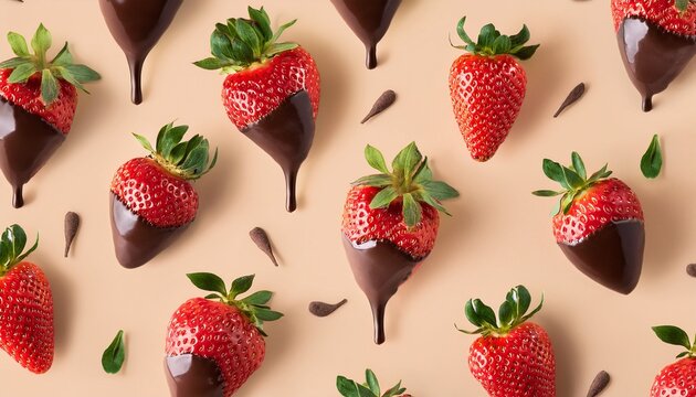 fresh strawberries glazed with melting dark chocolate drops in seamless pattern on beige background