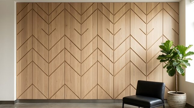 Geometric wood wall paneling with chevron pattern, modern oak timber feature wall in office lobby, minimalist interior design with plant.