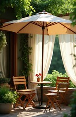 Fototapeta premium Small wooden table with two chairs under beige umbrella on outdoor cafe terrace. Modern bakery shop patio features soft white curtains, green plants near garden. Peaceful dining space offers cosy