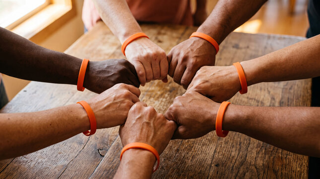 Diverse group of people with orange wristbands in unity gesture