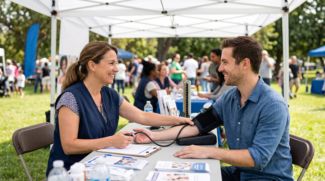 Nurse checks man's blood pressure at outdoor health fair event