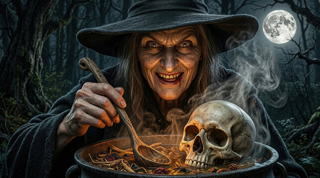 Witch brewing a dark magic potion with a human skull in a cauldron in a creepy forest at night