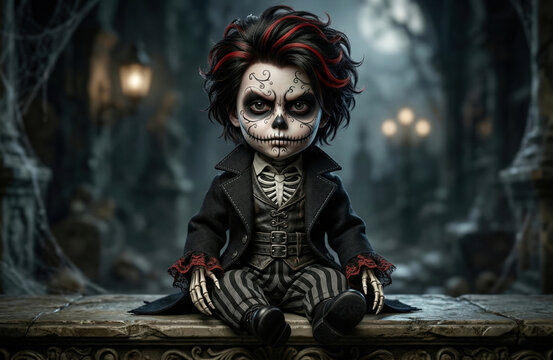 Gothic doll with skeleton costume sitting in spooky graveyard at night