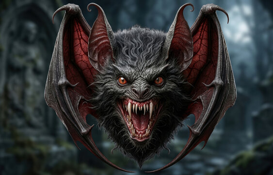 Vampire bat monster Chiroptera with sharp fangs and glowing red eyes in graveyard