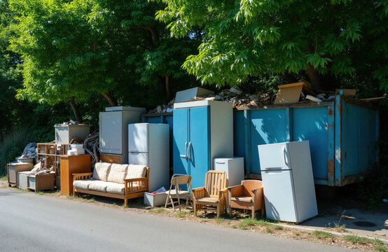 Discarded old furniture, appliances like fridges, sofas piled on roadside next to large blue dumpster. Trees, green foliage in background suggest warm weather. Bulk trash collection event shows urban