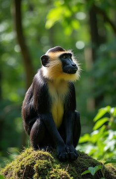 Drill monkey sits on mossy ground in rich green forest. Primate has black fur yellow chest and face markings. Animal looks intently to side with wise expression.
