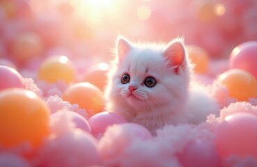 Fototapeta premium White fluffy kitten sits among pastel pink, orange balls. Small cat plays in soft bath filled with toy spheres. Cute pet rests in bright fairy tale room atmosphere. Sweet feline animal enjoys cozy