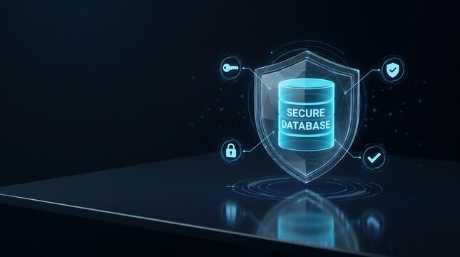 A glowing digital shield protecting a database server representing advanced holographic data privacy and cyber security