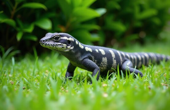 Argentine black and white tegu lizard walks on green grass. Reptile has striped tail and patterned scales. Wildlife reptile moves through lush foliage, green nature.
