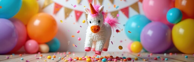 Fototapeta premium Plush unicorn pinata hangs in air, surrounded by colorful balloons, confetti, and candy. Festive party scene, perfect for birthdays or celebrations. Joyful, whimsical, and bright atmosphere.