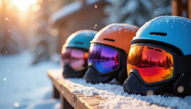 Three colorful ski helmets with protective goggles sit on wooden deck covered in white snow. Winter sports gear rests outdoors at mountain resort during sunny day. Equipment for skiing, snowboarding