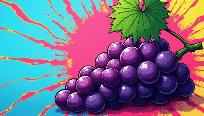 Naklejka premium Purple grapes with green leaf on bright abstract background. Food illustration with pop art style, vibrant colors. Healthy fruit artwork for design.