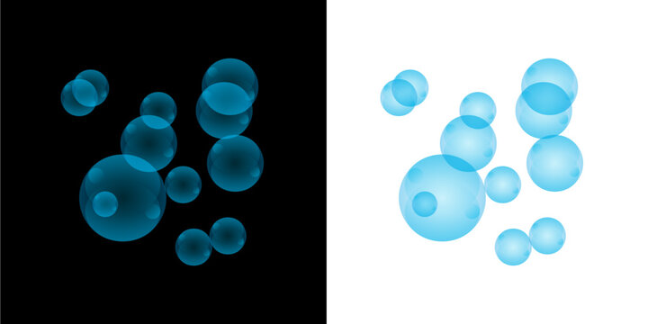 Set of blue transparent floating bubbles on black and white backgrounds