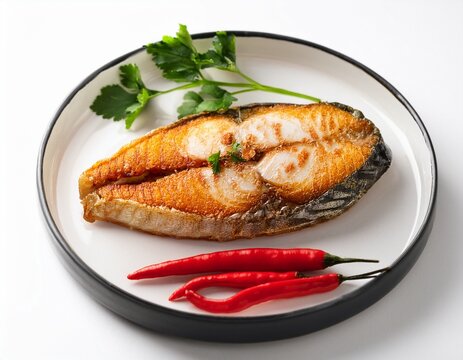 fried king mackerel fish steak served on a white ceramic plate with fresh red chili peppers and coriander garnish isolated top view of a healthy and tasty seafood meal
