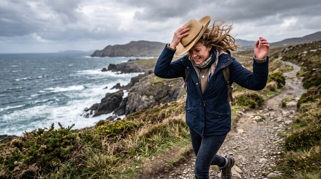 Woman hiking on windy coastal path with hat blowing off