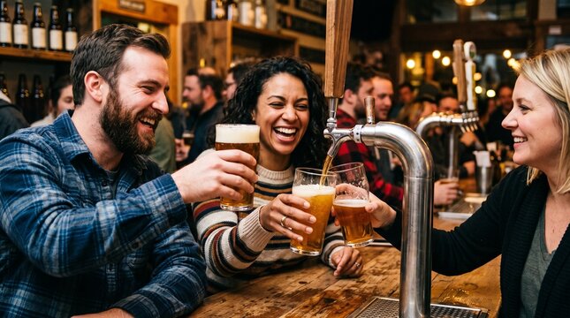 Friends enjoying craft beer at a lively brewery bar