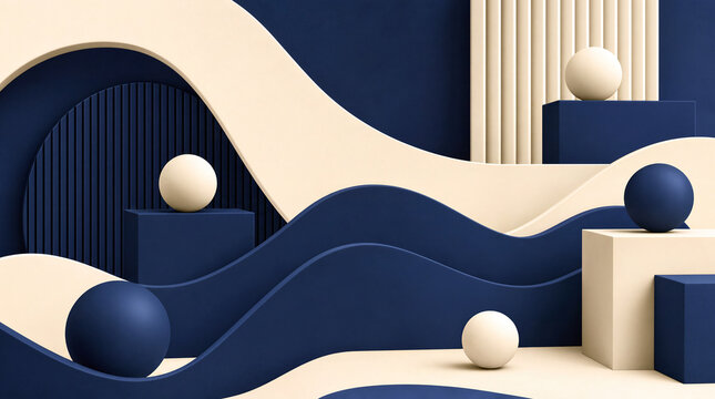 Abstract two tone navy and cream colored 3D background with wavy layered forms, spheres and geometric cubes on pedestals