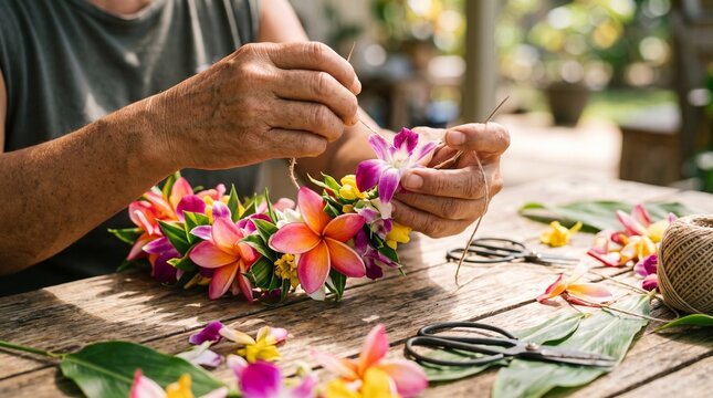 Hands crafting a vibrant floral lei with colorful plumeria and orchids on a wooden table