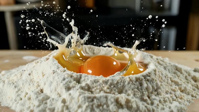 Dynamic 4K high-speed 1000fps video capturing a raw whole egg falling dramatically into a mound of white baking flour causing a majestic cloud of fine dust to erupt