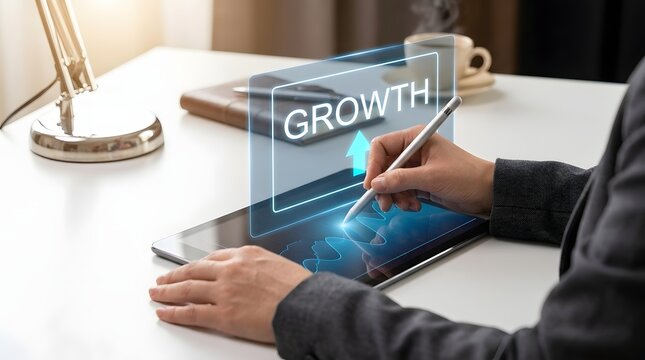 Business professional managing company growth strategy on digital tablet with strategy business technology hologram professional planning management information