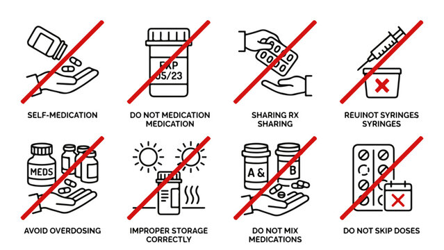 Eight crossed-out medication and storage warning icons emphasizing prohibited self-medication and improper handling.