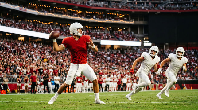 American Football Quarterback Throws Pass During Game with Crowd Watching