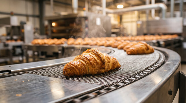 Golden flaky croissants moving on metal conveyor belt in modern industrial bakery with croissants conveyor production industrial manufacturing automated breakfast