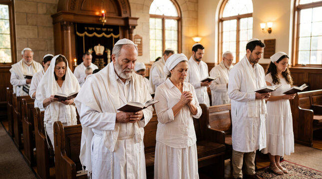 Jewish people in prayer during a religious service in a synagogue