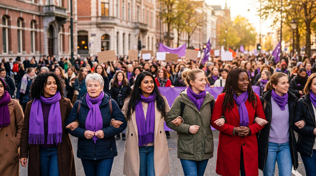 Diverse group of women marching together in solidarity wearing purple scarves