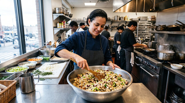 Chef preparing stuffing in a busy commercial kitchen with colleagues cooking in background