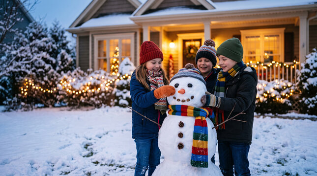 Children happily building a snowman in front of a decorated house during winter evening
